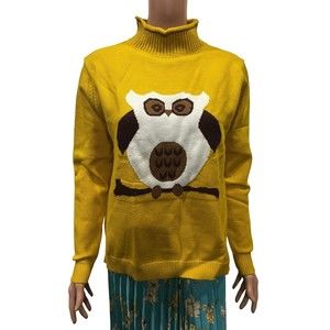 NWT Vintage Retro Style sweater  Owl Yellow Mustard Knit Turtle Neck Size M